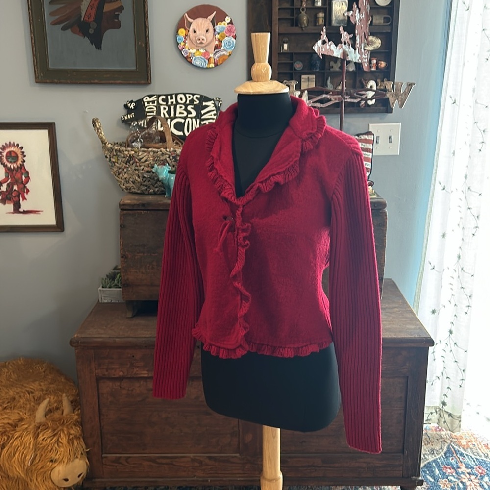 Vintage CLOTHES BY REVUE RED CARDIGAN 100% WOOL RUFFLES TRIM Size Medium